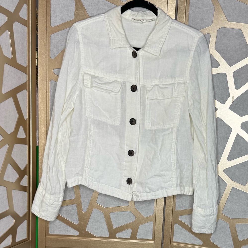 Nicole Miller white linen utility button-down women's cropped cargo jacket